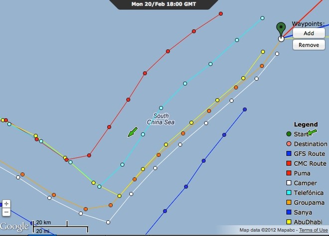 The spread of the Volvo Fleet as it makes a big move north  according to the positions at 1800 GMT on 20 February 2012 &copy; PredictWind.com www.predictwind.com